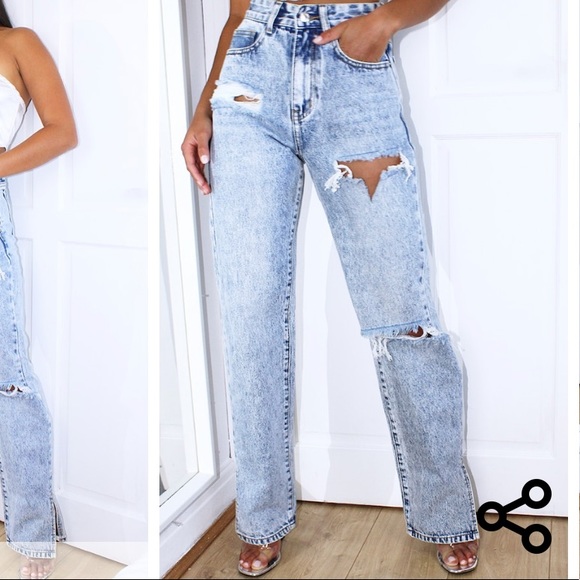 Pretty Little Thing Ice Blue Split Hem Jeans - Picture 2 of 5